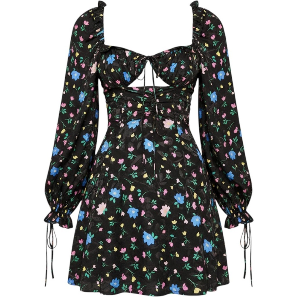 For Love & Lemons Lexy‎ Black Floral Cutout Long Sleeve Mini Dress Small